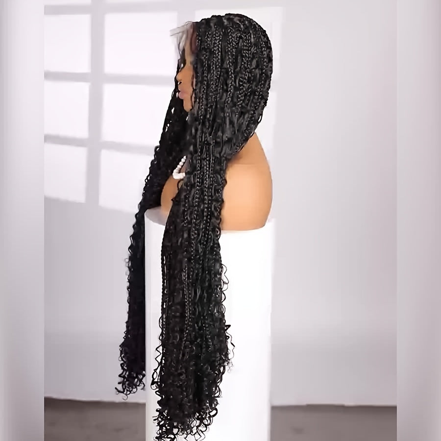 36 Inch Knotless Full Lace Bohemian Style Square Braid Wig - Curly Wave Synthetic Hair - Perfect for Black Women, Christmas, Date Nights & Birthday Parties - High-Quality Bohemian Goddess Braid Wig, Best for Christmas